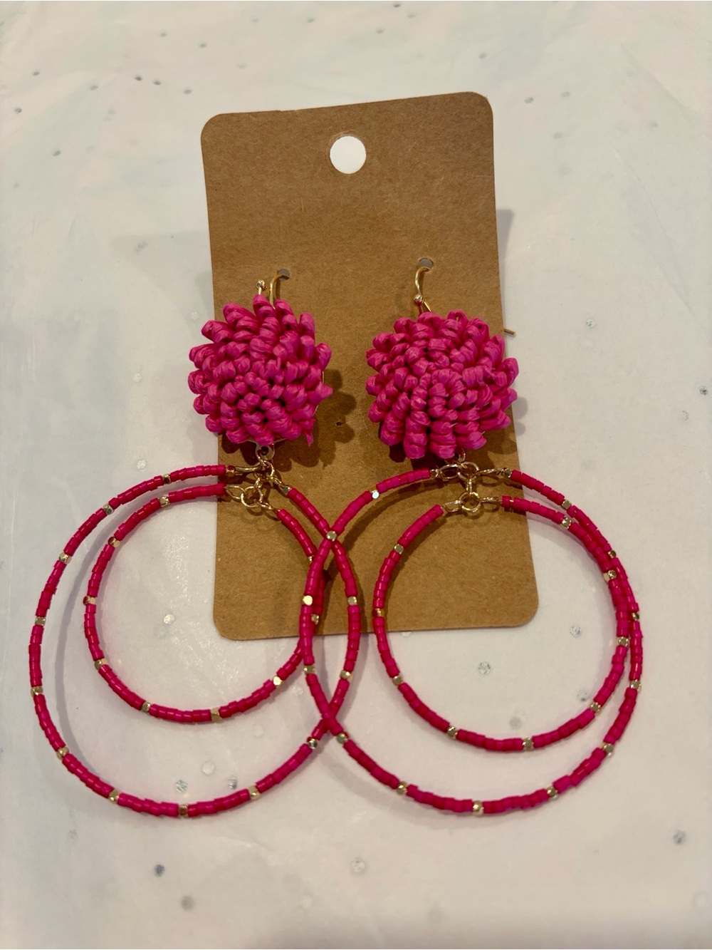 NWT Bold Pink Beaded Hoop Drop Earrings